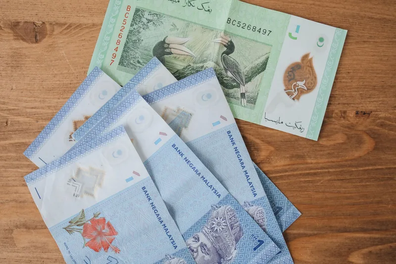 Malaysian Ringgit banknotes fanned out on a table, the currency exchanged when a rider collects payment on a COD order