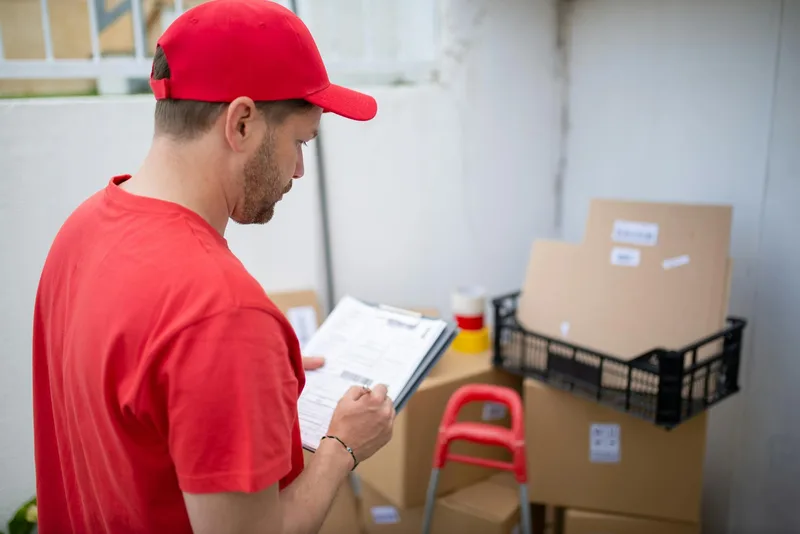Courier parcels lined up on a warehouse sorting conveyor ready for dispatch, with weight stickers visible on boxes